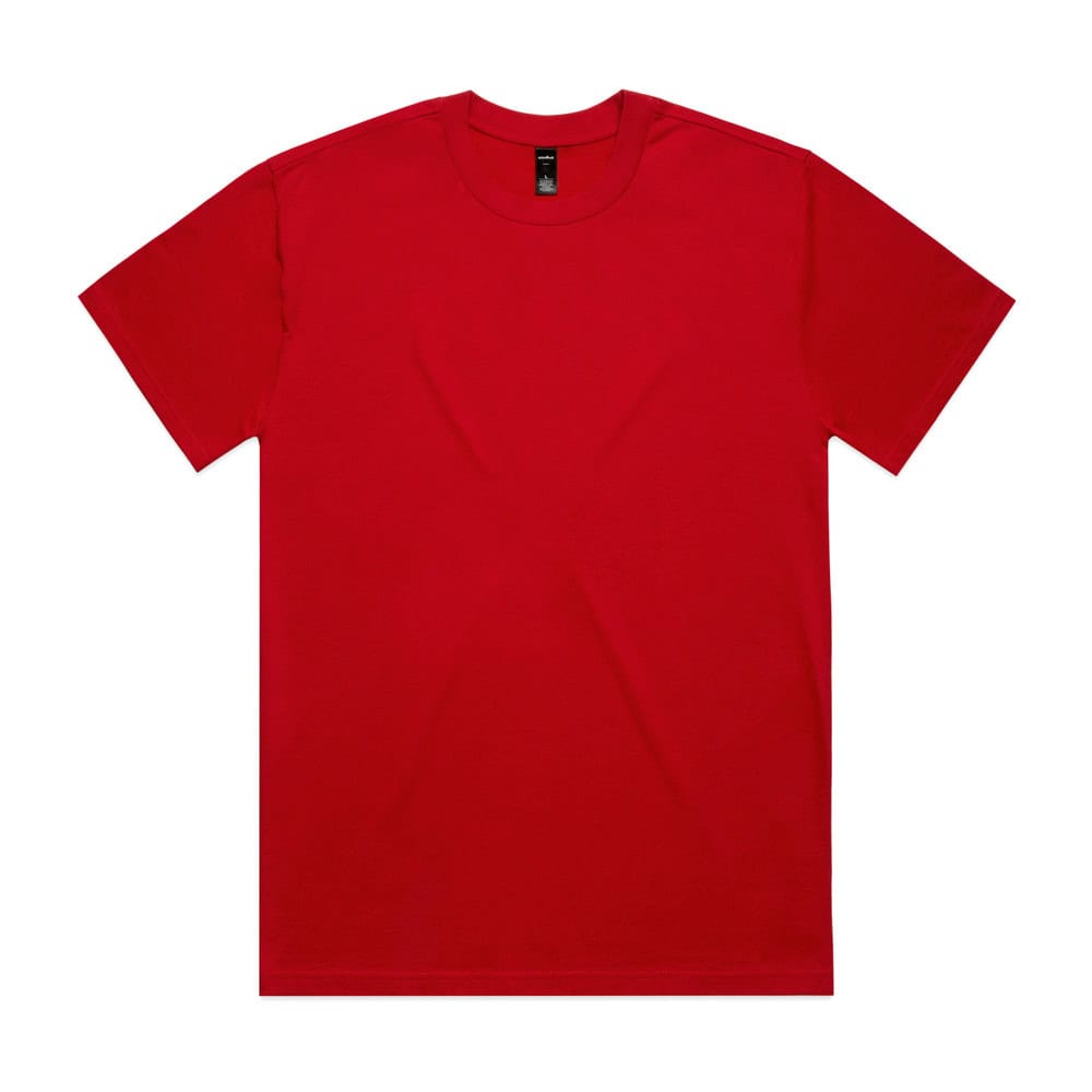 Red t-shirt with Raglan Surf Lifesaving logo, beach rescue emblem, ideal for surf lifesaving training and events in New Zealand.